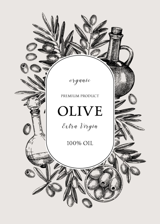 Olive oil wreath design. Hand-drawn vector illustration. Olive tree branches, glass bottle, olives sketches. Italian food in vintage style. Vegetable oil background